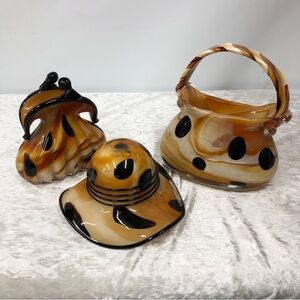 Vintage Murano style Art glass matching set of 3 ladies hat purse coin bag